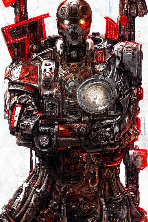 Image similar to portrait of adeptus mechanicus in red hood, cyborg, prist, cyberpunk, Warhammer 40000, highly detailed, artstation, illustration, art by Gustav Klimt