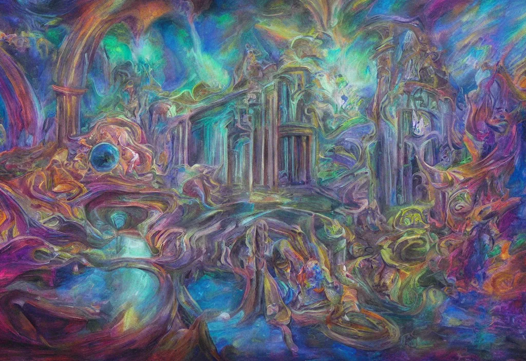 Prompt: iridescent temple of sleep advanced architecture dreamer mythos phantasms, award winning oil painting, polychromatic spectrum