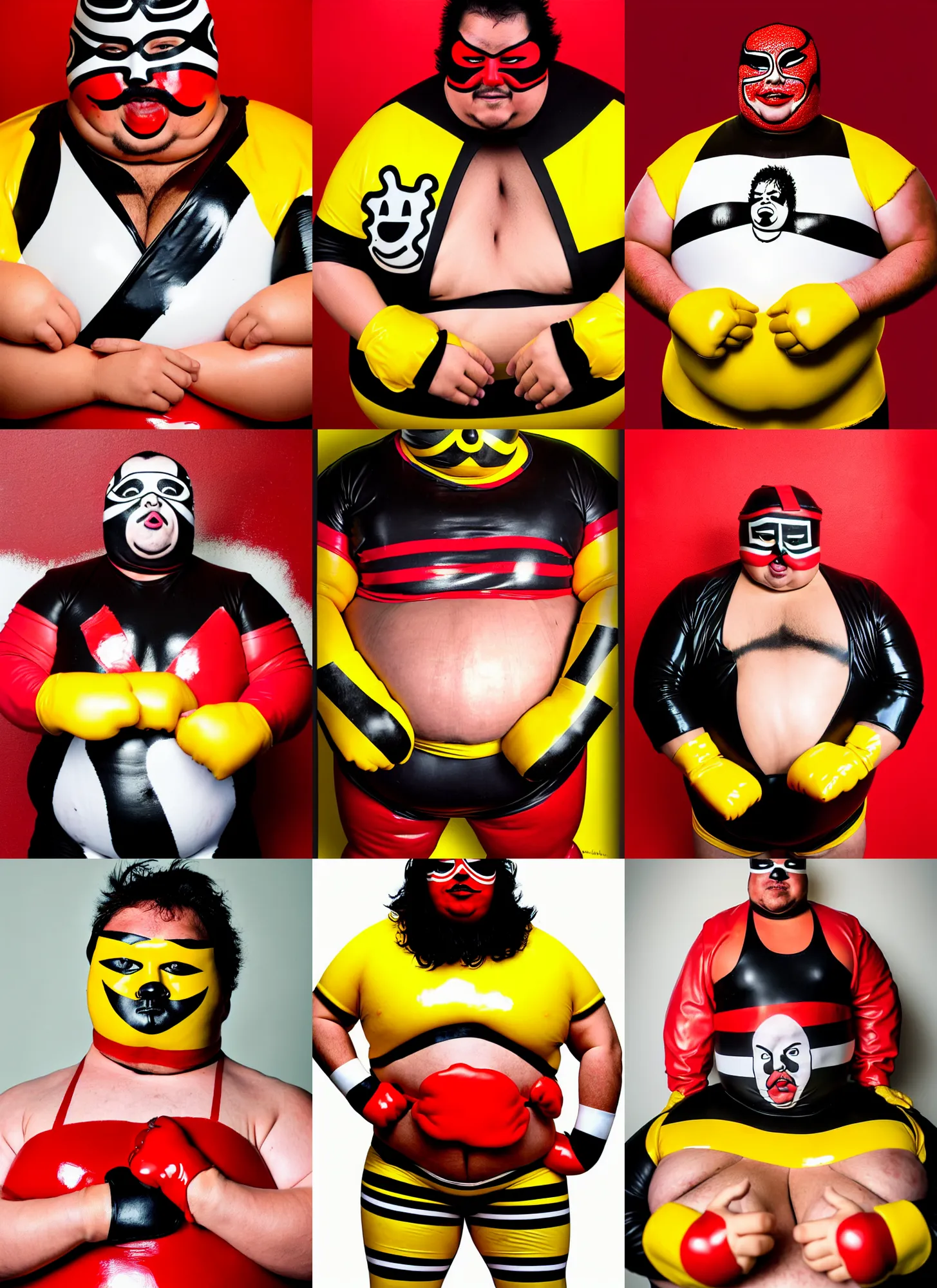 Prompt: portrait of a very chubby looking Lucha libre with a black and white hamburger drawing on the bare chest, red and white color stripe latex sleeves, yellow latex gloves, red Ronald McDonald messy hair