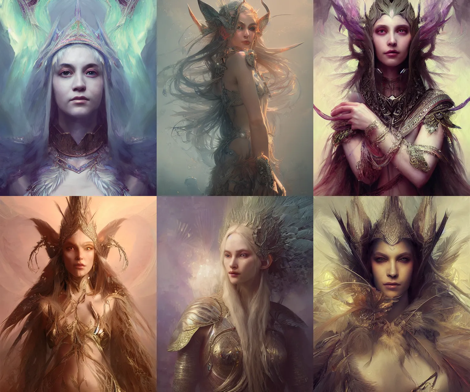 Prompt: portrait of elven queen, feathers, fractals, emissive, volumetric lights, by ruan jia and wlop and karol bak