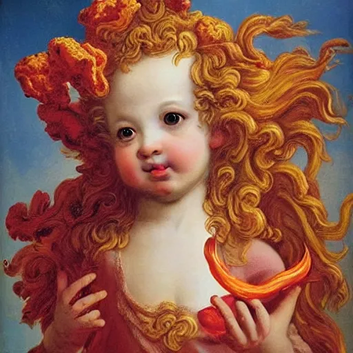 Image similar to cherubs with flaming hot cheetos for hair, extremely detailed, a baroque painting, rococo style