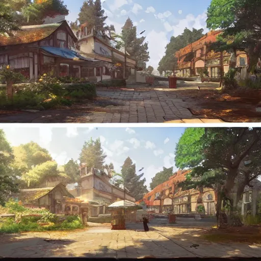 Image similar to concept art painting of a historic bakery with european and japanese architecture, in a woodland village surrounded by trees, realistic, detailed, cel shaded, in the style of makoto shinkai and greg rutkowski and james gurney