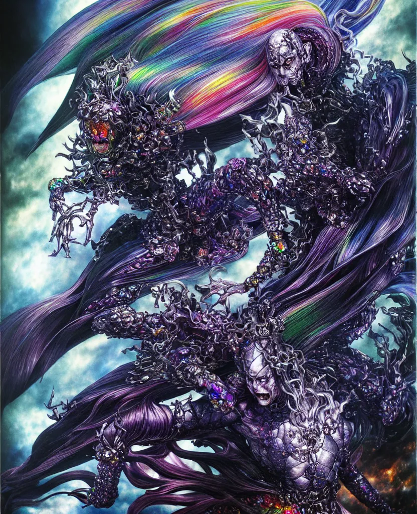 Prompt: realistic detailed image of ultra wrathful rainbow diamond iridescent mega griffith from berserk, depth perception, depth of field, action horror by ayami kojima, neo - gothic, gothic, part by adrian ghenie and gerhard richter. art by yoshitaka amano. masterpiece