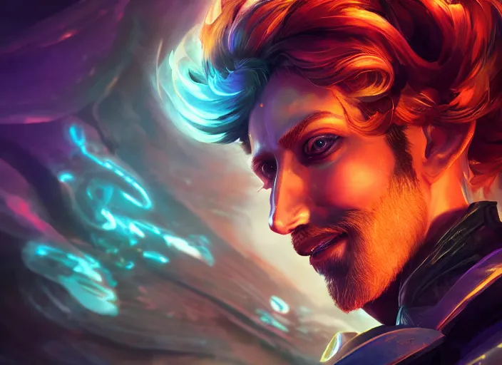 Image similar to glowwave portrait of curly orange haired man on a dark background from league of legends, au naturel, hyper detailed, digital art, trending in artstation, cinematic lighting, studio quality, smooth render, unreal engine 5 rendered, octane rendered, art style by pixar dreamworks warner bros disney riot games