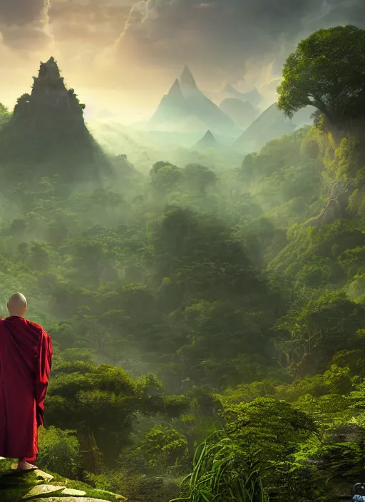 Prompt: a cosmic monk in lord of the rings scenery landscape, looking out at a vast lush valley at sunrise, huge ancient chinese temple in the distance, god's rays, highly detailed, vivid color, cinematic lighting, perfect composition, 8 k, gustave dore, derek zabrocki, greg rutkowski, belsinski, octane render