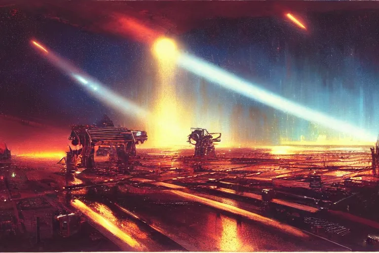 Image similar to C-beams glittering in the dark near the Tannhäuser Gate by john harris and john berkey, matte, masterpiece, atmospheric, wide angle shot