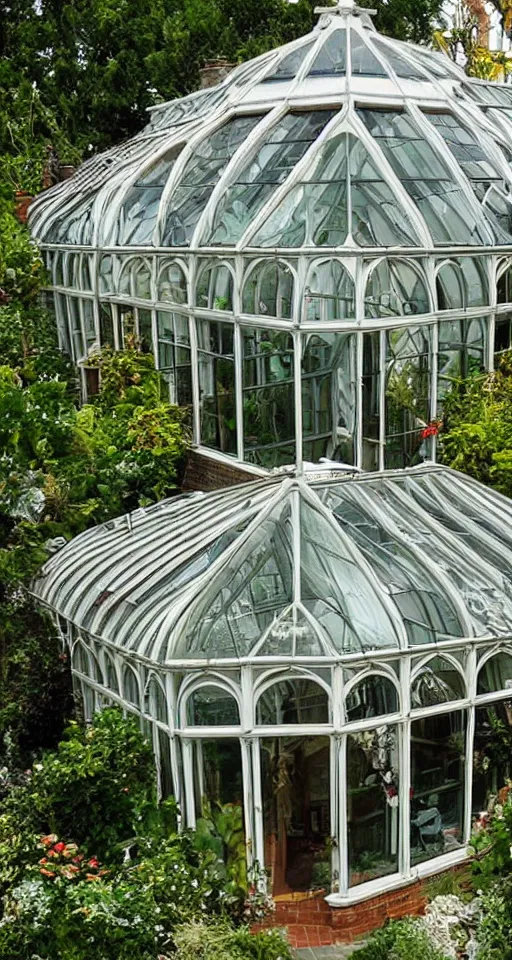 Image similar to a beautifu lush Victorian era conservatory with a t-rex skeleton on display