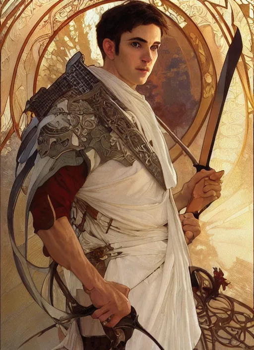 Image similar to a young man with wide, intense eyes. he is bald and clean shaven, dressed entirely in white and holding a huge sword. painting by artgerm and greg rutkowski and alphonse mucha