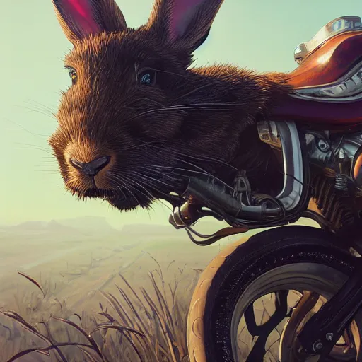 Image similar to highly detailed portrait of a biker rabbit in gta v, stephen bliss, unreal engine, fantasy art by greg rutkowski, loish, rhads, ferdinand knab, makoto shinkai and lois van baarle, ilya kuvshinov, rossdraws, tom bagshaw, global illumination, radiant light, detailed and intricate environment