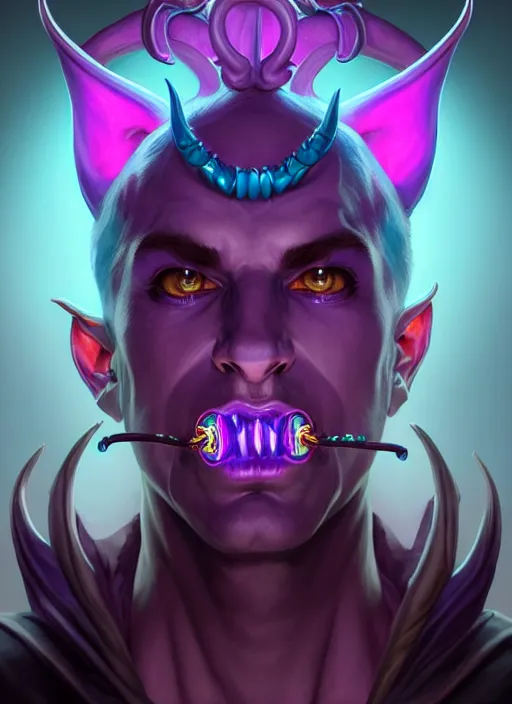 Image similar to symmetry!! portrait of a mischievous trickster male purple and teal skinned tiefling with demon horns and piercings, glowing lights!! intricate, elegant, highly detailed, digital painting, artstation, concept art, smooth, sharp focus, illustration, art by artgerm and greg rutkowski and alphonse mucha