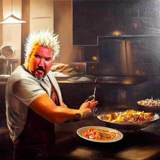 Image similar to Guy Fieri in a modern restaurant kitchen, painting by Greg Rutkowski, dramatic lighting, at night, sharp focus