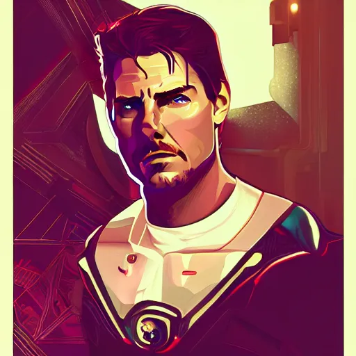 Image similar to Tom Cruise as Tony Stark, ambient lighting, 4k, alphonse mucha, lois van baarle, ilya kuvshinov, rossdraws, artstation