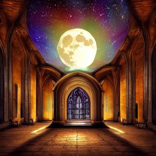 Image similar to large gothic hall with a large moon on the ceiling, cyberspace, soft light, art station, detailed, colorful, symmetrical