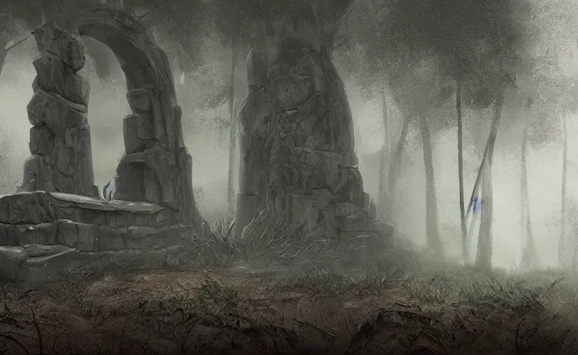 Prompt: old stone tomb, fir forest, rain, fog, megaliths, highly detailed, digital painting, architecture, artstation, concept art, sharp focus, illustration
