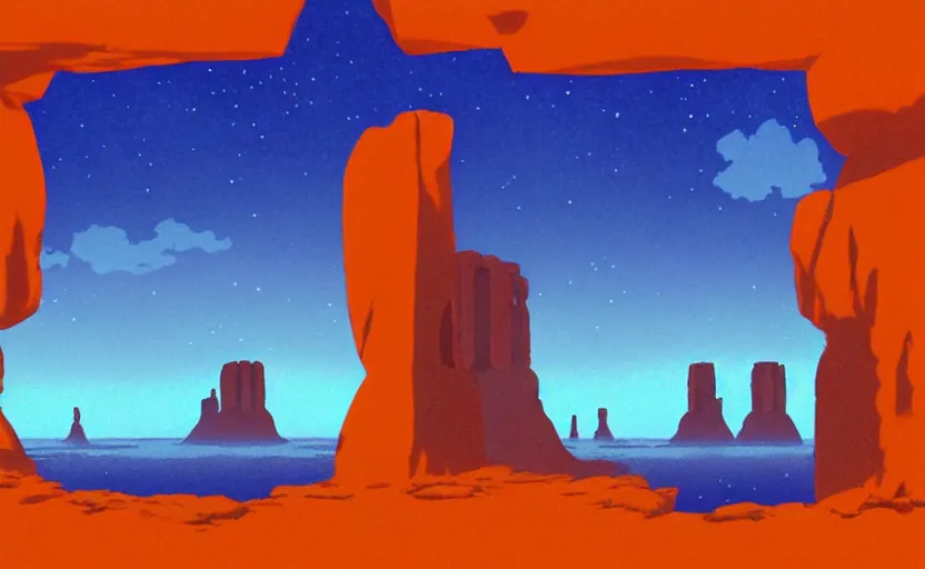 Prompt: a cell - shaded studio ghibli concept art study of a square dimensional portal doorway in a flooded monument valley stonehenge on a misty starry night. water is flowing out of the portal. very dull colors, hd, 4 k, hq