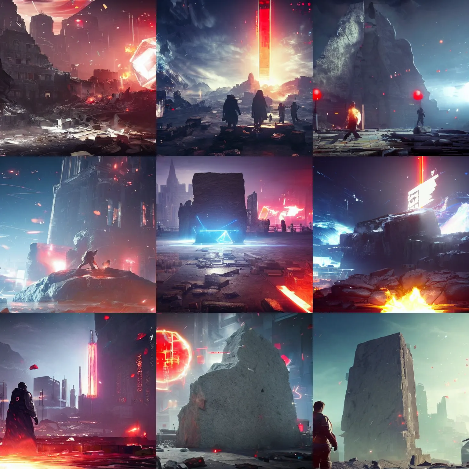 Prompt: a huge towering and broken stone tablet with red light stands in the center of a prosperous city at the end of the world, and the energy is released, secret, mysterious, doomsday, landscape, video game control, quantum break, arknights