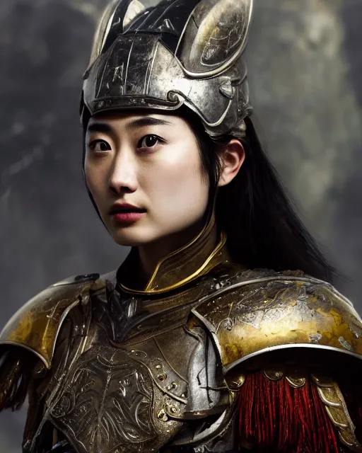 Prompt: suzu hirose as chinese warrior princess at the battle of helms deep, background: battle scene, clear makeup, clean hair, dry skin, clear skin, airbrushed, bright eye makeup, warrior body, photo by mario testino, 8k octane render, cinematic, hyper detailed, micro details, insanely detailed, trending on artstation, concept art
