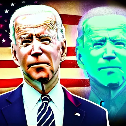 Prompt: god emperor joe biden. laser eyes. fantasy art. vhs filter effect.