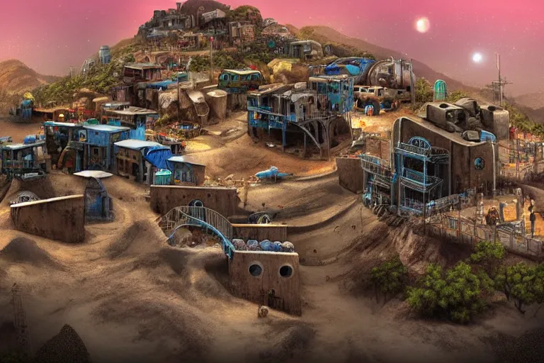 Prompt: favela coaster cathedral bunker, desert environment, industrial factory, cliffs, bright, milky way, award winning art, epic dreamlike fantasy landscape, ultra realistic,