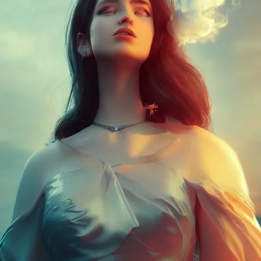 Prompt: beautiful girl in full gown blowing clouds, beautiful portrait, character concept style trending on artstation concept art detailed octane render cinematic photo - realistic 8 k high detailed