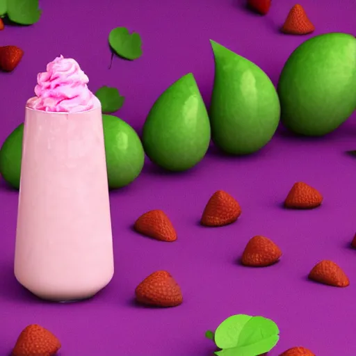 Prompt: 3 d render of a hovering pink milkshake with whipped cream with a slight sparkle and iridescent texture aginst a pink backdrop with slight sadow underneath and falling strawberries in the background, photorealistic, bold colours 4 k, cgsociety, blender, unreal engine 5, sharp details, 3 0 0 dpi