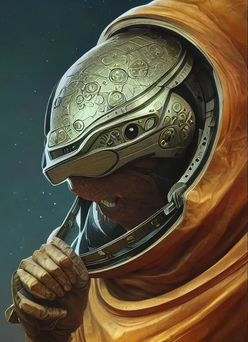 Image similar to space helmet mf doom reptile eyes, opal skin. intricate, elegant, highly detailed, centered, digital painting, artstation, concept art, smooth, sharp focus, illustration, artgerm, tomasz alen kopera, peter mohrbacher, donato giancola, joseph christian leyendecker, wlop, frank frazetta