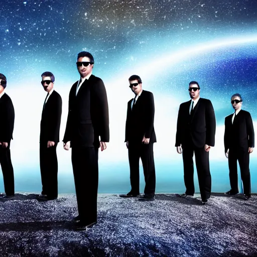 Image similar to men in black standing at the edge of the galaxy, cinematic, photoshopped, high details