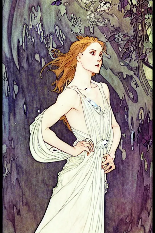 Image similar to in the style of artgerm, arthur rackham, alphonse mucha, evan rachel wood, flowing white dress