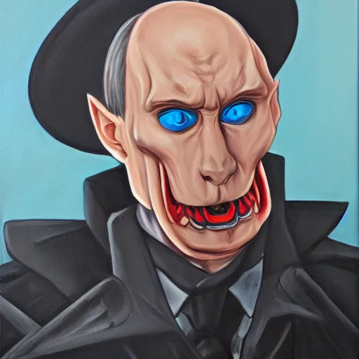 Image similar to Trending on artstation, Grim Reaper Vladimir Putin from Yu-Gi-Oh, in the style of Kazuki Takahashi, oil on canvas