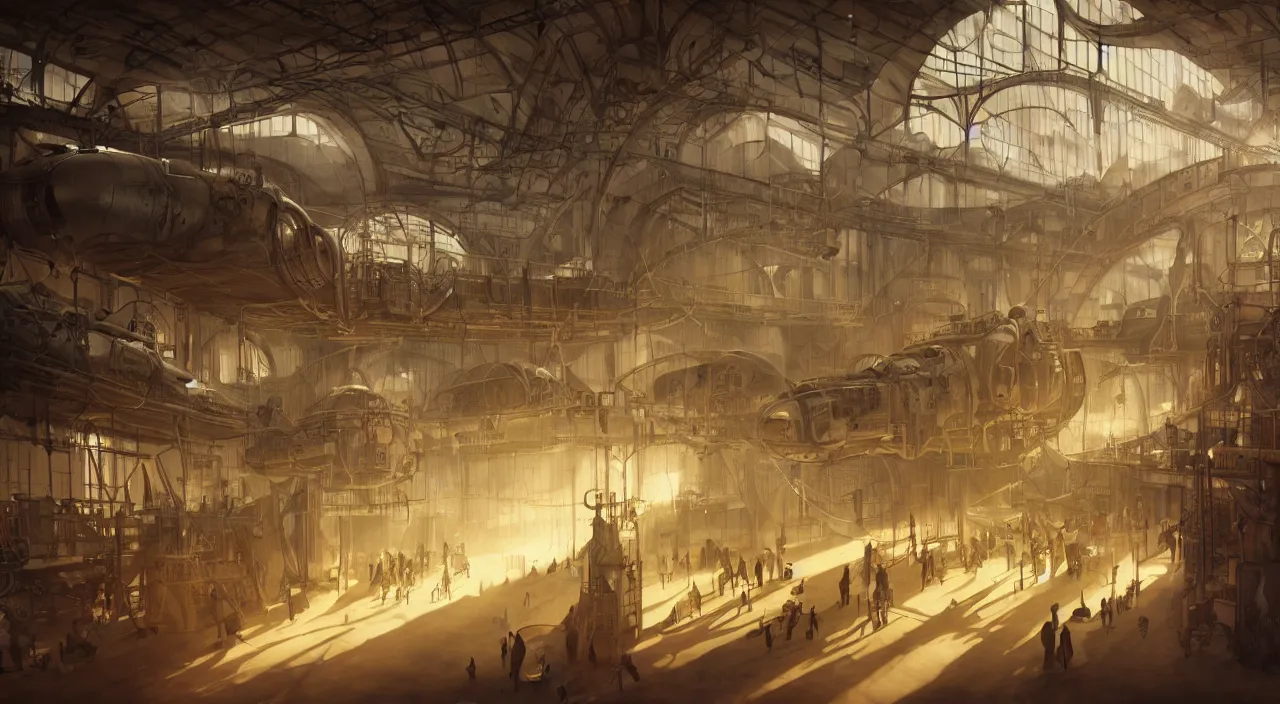 Prompt: realist illustration, inside an airship factory, steampunk, art nouveau, dust, light beams through high windows, concept art, 4 k, art station trend, octane render, sharp details