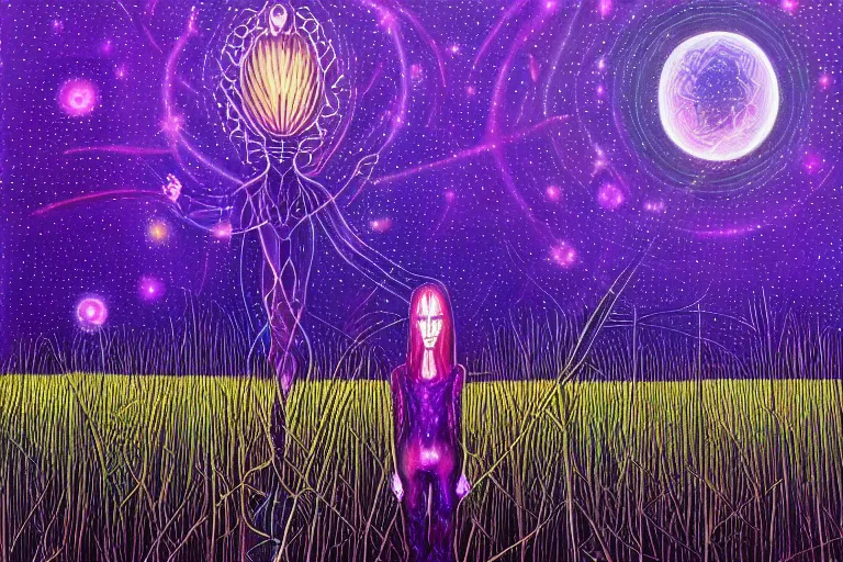 Image similar to a painting of a extraterrestrial alien lost in a meadow, alex grey, tall plants, purple lighting, night sky, glows, moonlight,