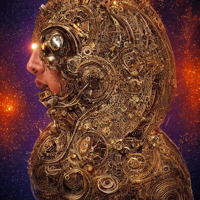 Prompt: octane render portrait by wayne barlow and carlo crivelli and glenn fabry, a high - end chrome clockwork automaton with intricate gold and silver detailing in the style of henna face tattoos, inside a wide mandala pattern made out of colorful flames, volumetric lighting and light rays, cinema 4 d, ray traced lighting, very short depth of field, bokeh