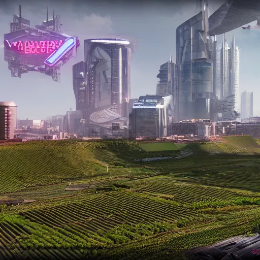 Image similar to fully detailed landscape cyberpunk farmland in the future, high quality, 8k , octane render