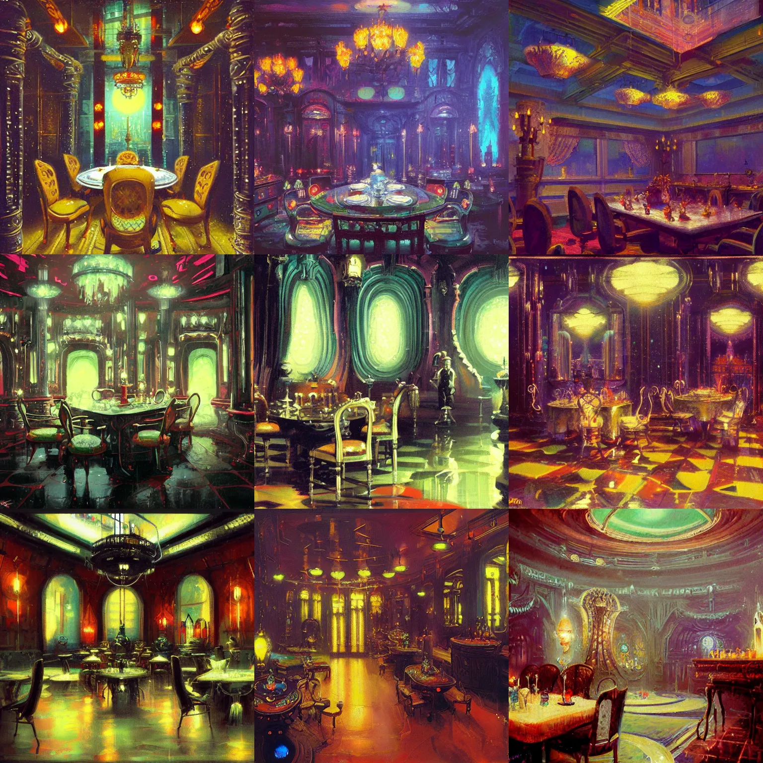 Prompt: a white gold victorian dining room, cyberpunk, by paul lehr