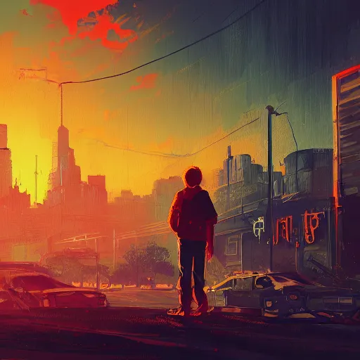 Prompt: teen boy, apocalyptic city in the background, apocalypse, highly detailed, artstation, by alena aenami