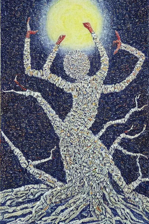 Image similar to ivan marchuk style nataraja dancing in a winter birch grove and raising snow clouds during a solar eclipse, visionary art style