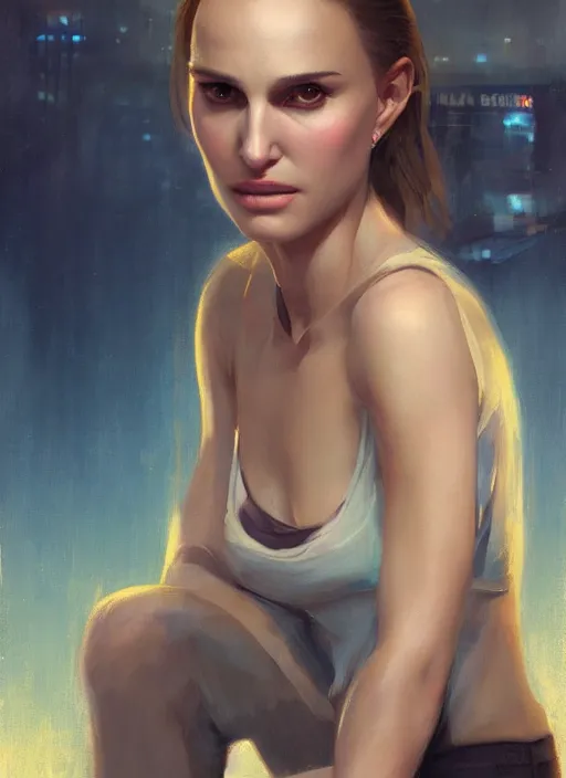 Prompt: natalie portman as a girl sitting on a rooftop, cyberpunk, medium shot, realistic detailed face, by charlie bowater, by wlop, by jeremy lipking, expressive oil painting, portrait, digital art