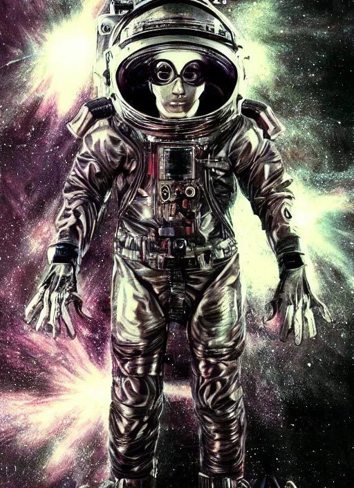 Image similar to astronaut in dark void underwater - complex and hyperdetailed technical suit design. reflection and dispersion materials. rays and dispersion of light. volumetric light. f / 3 2. noise film photo. flash photography. ultra realistic, 5 0 mm. poster by wayne barlowe, hajime sorayama aaron horkey, craig mullins