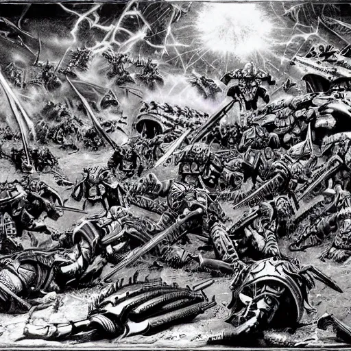 Image similar to Battle of the Imperial Guard on the planet against the Tyranids, Warhammer 40,000, Drawing in a dark Gothic style, super quality, Artist - Phil Moss