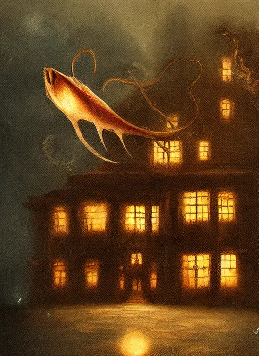 Image similar to giant squid destroying a glowing mansion in burning vapor dramatic lighting, artstation, matte painting, alexander jansson, allen williams, anja millen