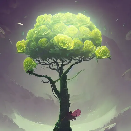 Image similar to ilustration a tree with green roses growing in the center, characterized by roman shipunov, etienne hebinger, atey ghailan, cgsociety, fantasy art, 2 d game art