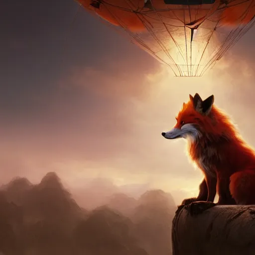 Prompt: anthropomorphic fluffy fox look like Indiana jones on the hot air balloon at night, clouds around, entire person visible, DnD character, unreal engine, octane render, dramatic lighting, pond, digital art, by Stanley Artgerm Lau, greg rutkowski, thomas kindkade, alphonse mucha, loish, norman Rockwell,