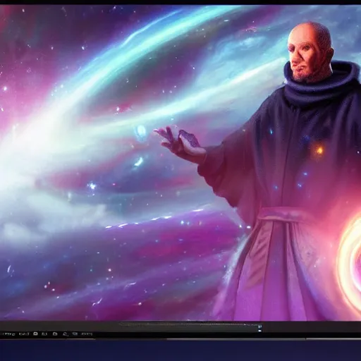 Image similar to a young mage creating a universe in his PC, a male mage in his 20s with black hair sitting in front of wide monitor, a monitor showing the universe creation. hyperrealistic, extremely detailed, award-winning art, trending on Artstation