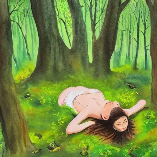 Image similar to a beautiful painting of a female laying down in a green forest, dense moss, lovely vines, watercolors