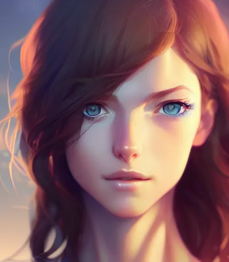 Image similar to portrait of a woman with blue eyes, brown hair and a perfect body, wearing casual, character design by charlie bowater, ross tran, artgerm, and makoto shinkai, detailed, soft lighting, rendered in octane