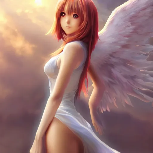 Image similar to an oil painting of a beautiful anime girl with angel wings, by artgerm, hd, hdr, ue 5, ue 6, unreal engine 5, cinematic 4 k wallpaper, 8 k, ultra detailed, high resolution, artstation, award winning