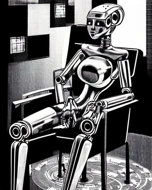 Image similar to robot wearing highly detailed hyperrealism neofuturistic cyberpunk neuralinterface is sitting on a chair, by wally wood and moebius