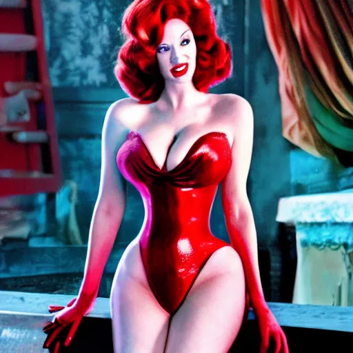 Prompt: Fine art photography of Christina Hendricks as Jessica Rabbit, on stage, in the movie Who Framed Roger Rabbit, highly detailed and intricate, HDR 8k