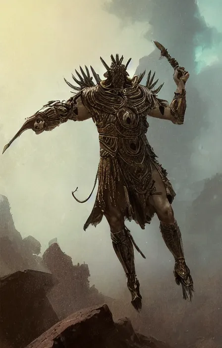 Prompt: zeus god concept, wearing thunder armor, greek ornamented armor, beksinski, ruan jia, weta workshop concept art