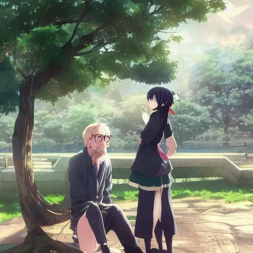 Image similar to photorealistic Adam Savage and Jamie Hyneman meets a beautiful smiling anime girl with black hair and hime cut sitting under a tree, anime key visual, digital art, anime screenshot, kyoto animation, makoto shinkai, trending on artstation